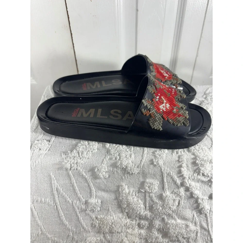 Melissa MLSA Adorn Slide Sandals Black Floral‎ Beaded Embellished Women's 8